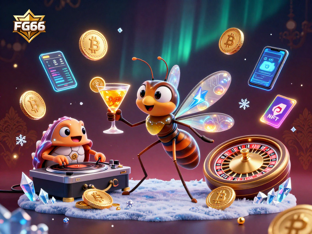 FG66 ignites excitement with a vibrant 3D casino scene showcasing cryptocurrency themes and engaging characters.
