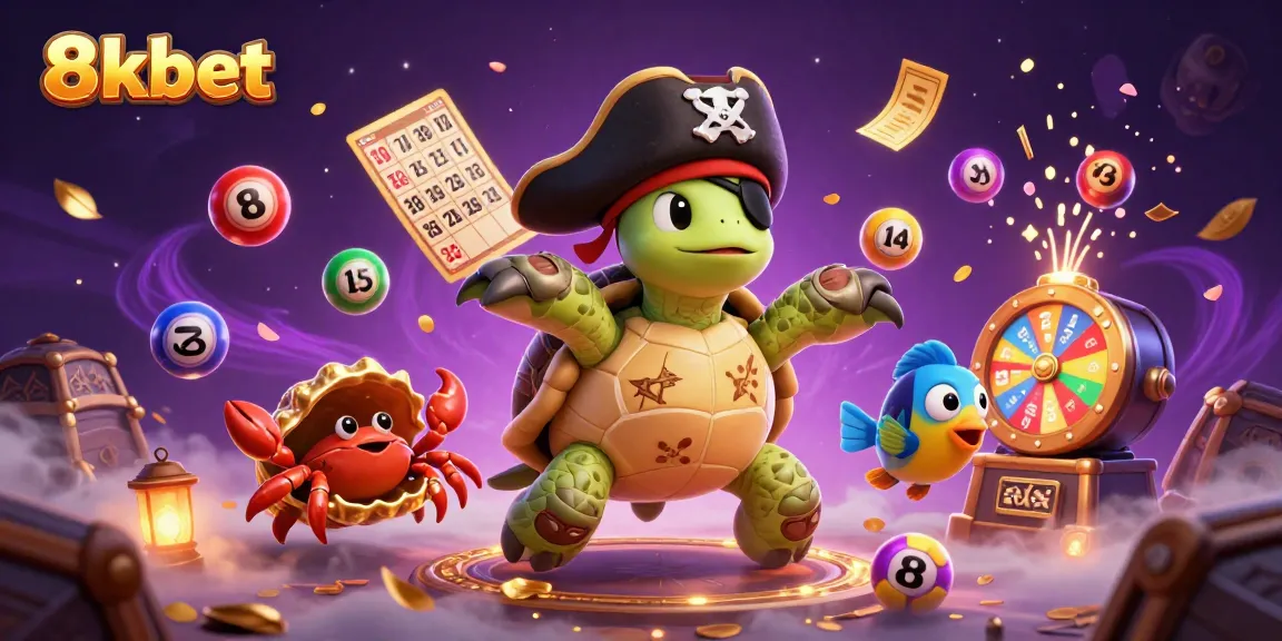 Experience the excitement of 8xbet with a vibrant illustration of a pirate turtle, a hermit crab, and colorful lottery elements.