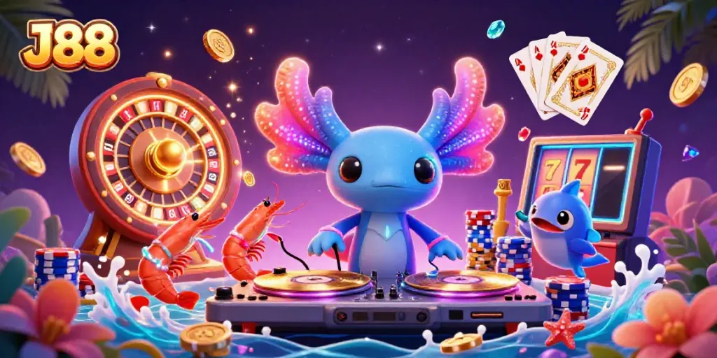 Experience J88's vibrant casino world with a neon axolotl DJ, dancing shrimp, and shimmering slot reels.