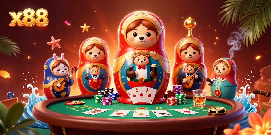 x88 players enjoying an exciting casino scene with poker elements and festive characters