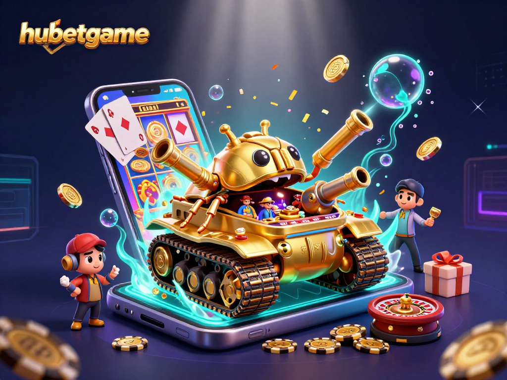Experience the excitement of hubetgame with a detailed 3D digital casino scene bursting with fun elements.