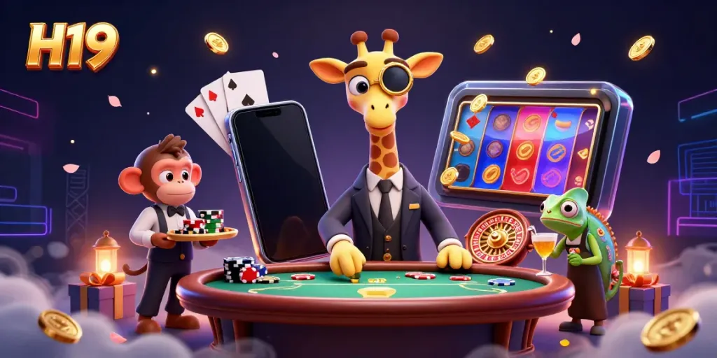 Spin the reels and win big at H19's vibrant online casino with a high-roller giraffe and magical elements.