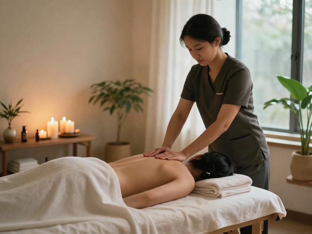 Relaxing 일산출장마사지 scene with a therapist and soothing ambiance.