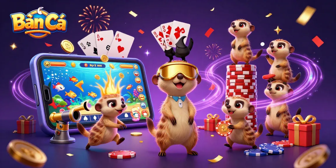 Bắn Cá - Meerkats running a vibrant fish shooting casino, showcasing colorful game elements and confetti