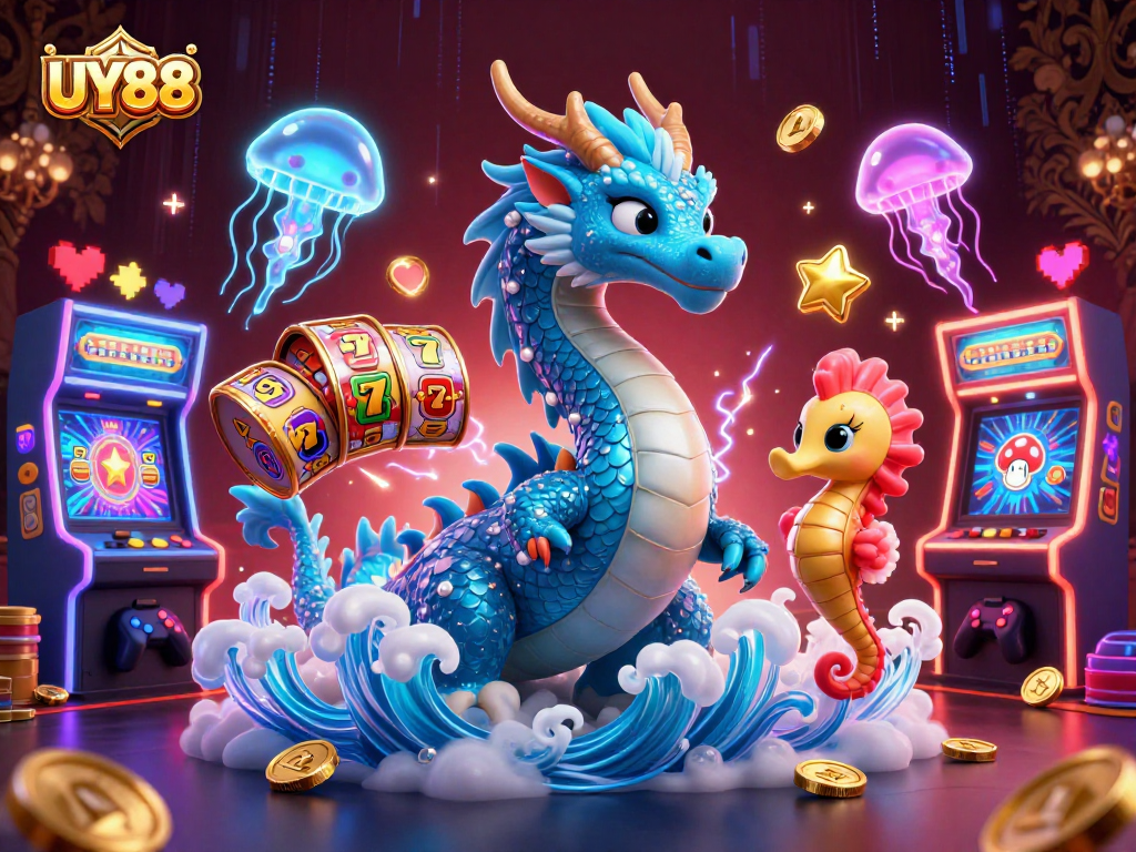 Play slot games with UY88, featuring a water dragon and neon jellyfish amid vibrant 3D elements.