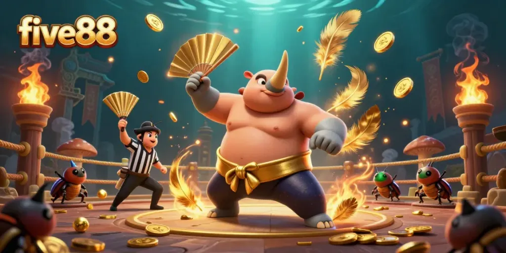 Experience the thrilling five88 casino with a 3D rhinoceros beetle champion stomping, sending coins flying in a vibrant atmosphere.