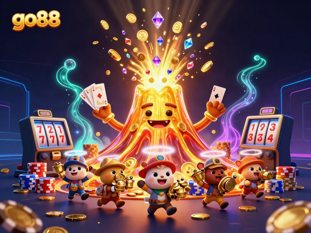 Experience the excitement of go88 with a vibrant gaming scene featuring a golden volcano and treasures.