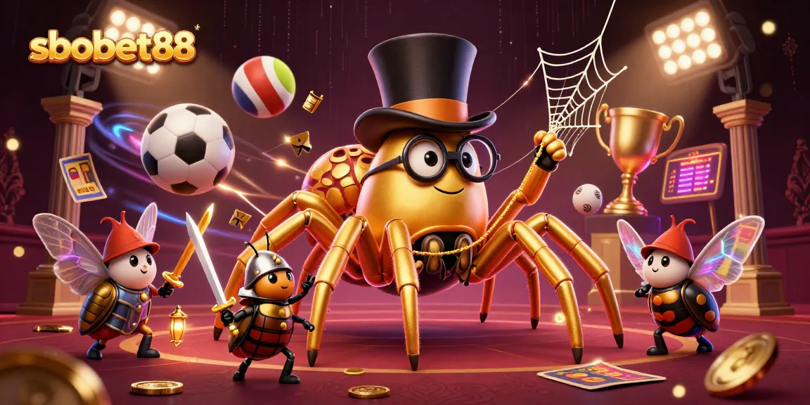 Engage with sbobet88 while observing a giant tarantula weaving in a lively dynamic casino scene.