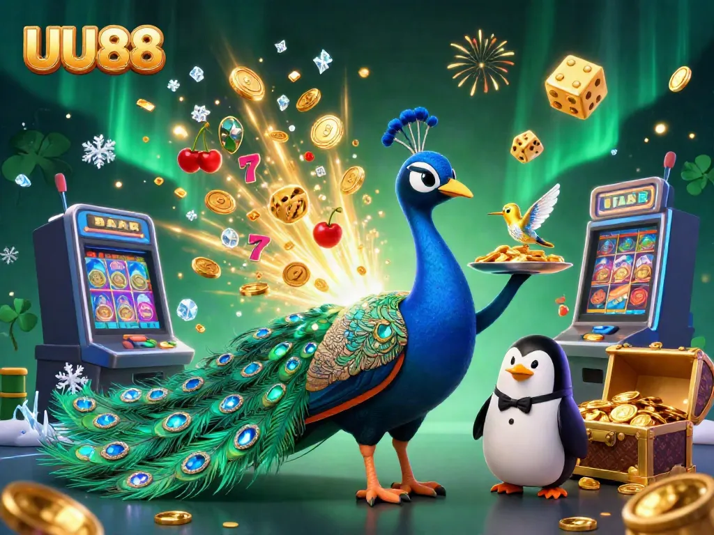 Experience thrilling gameplay with UU88's vibrant casino scene showcasing a peacock, penguin, and colorful slots.
