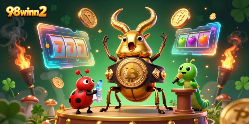 Experience the thrill of 98winn2 with a golden stag beetle boxing champion and dynamic casino elements!