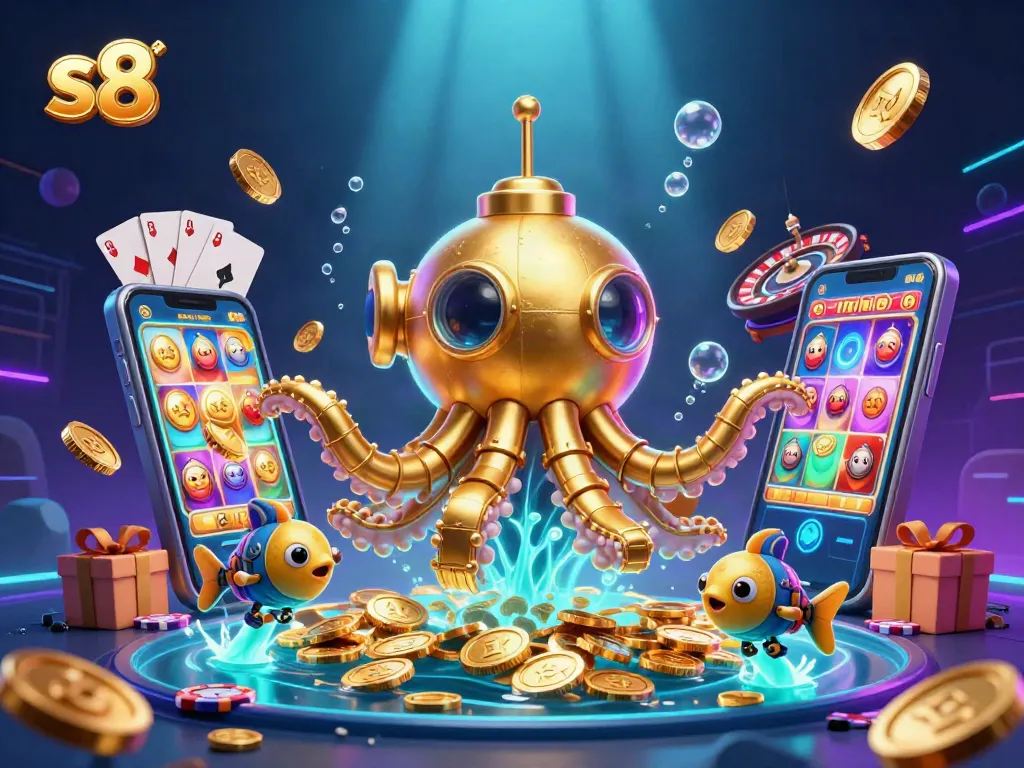 S8 gamers immerse in slot action, featuring a golden kraken submarine amidst coins and casino elements.