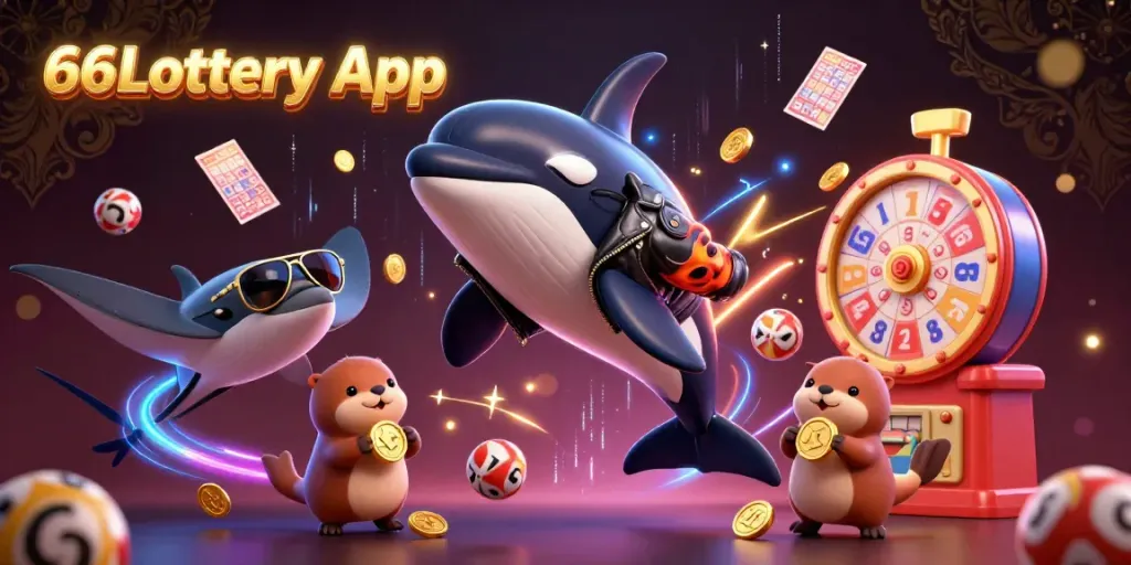Engage with the exciting 66Lottery App featuring playful characters and vibrant lottery elements in a dynamic 3D scene.