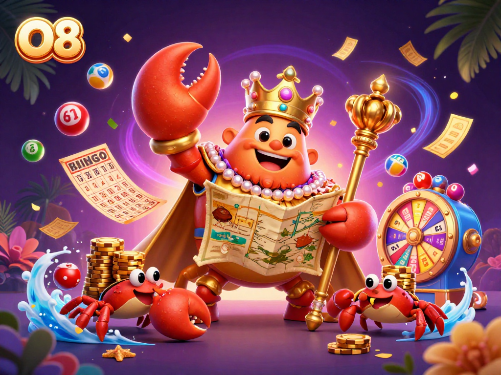 Engage with O8's vibrant lottery scene featuring a golden crab emperor and dynamic game elements.