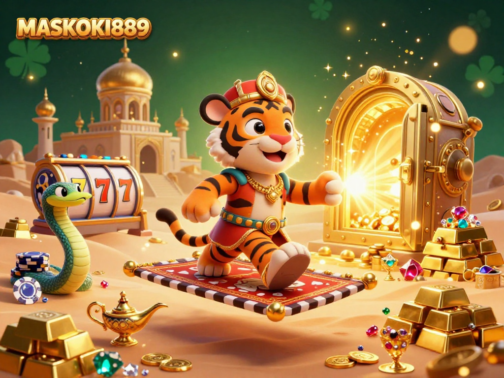 Experience MASKOKI889 with a vibrant 3D casino scene featuring a sultan and jackpot elements.