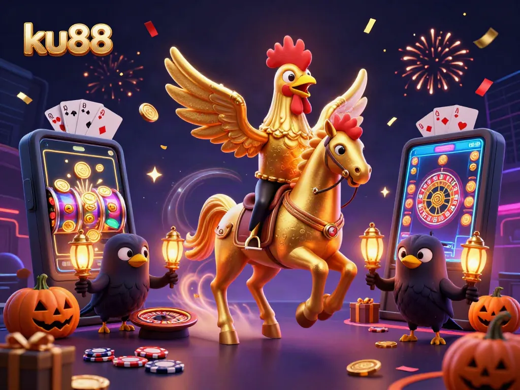 Engage with ku88's vibrant casino scene featuring a golden rooster and enchanted companions amidst dynamic games.