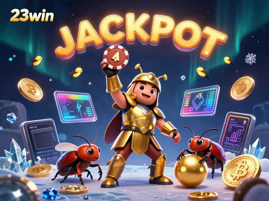 Engaging scene at 23win featuring a cartoon herculean beetle celebrating a jackpot win, surrounded by vibrant crypto-themed elements.