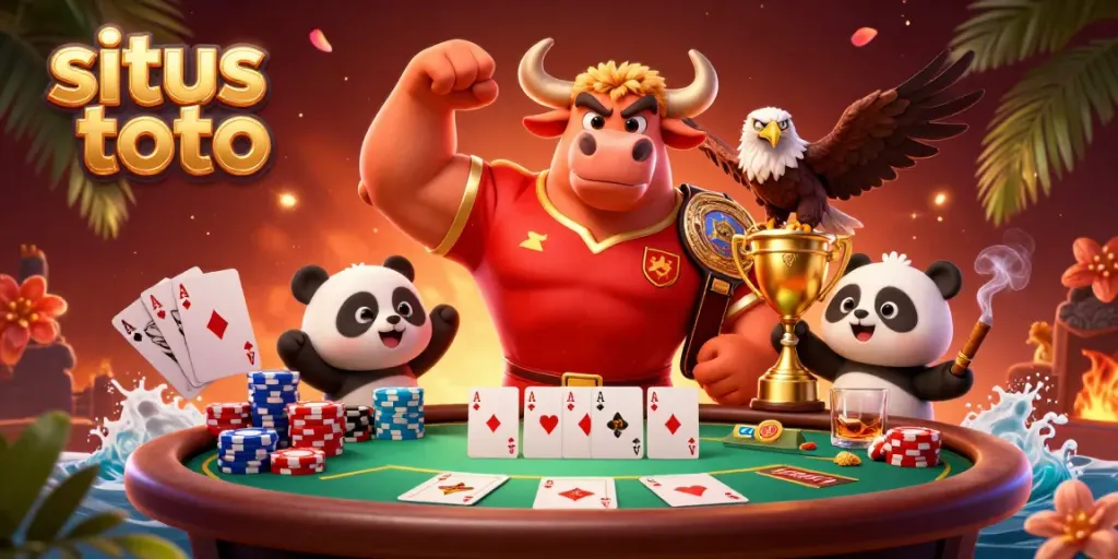 Engage with situs toto through a thrilling 3D casino scene featuring a victorious bull mascot.