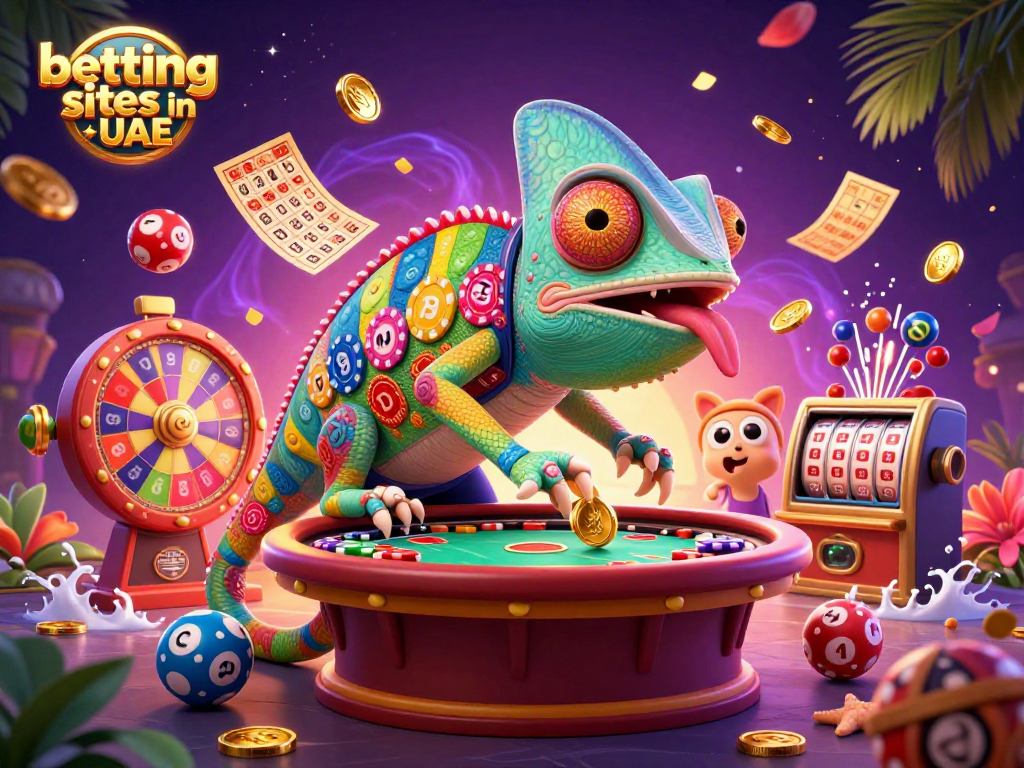 Place bets at the top betting sites in UAE with vibrant casino elements and a dynamic chameleon character.