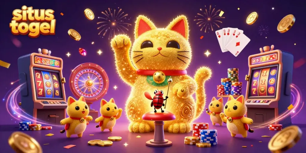 Engaging illustration showcasing situs togel symbols through a lucky cat, animated by a conductor, amidst casino excitement.