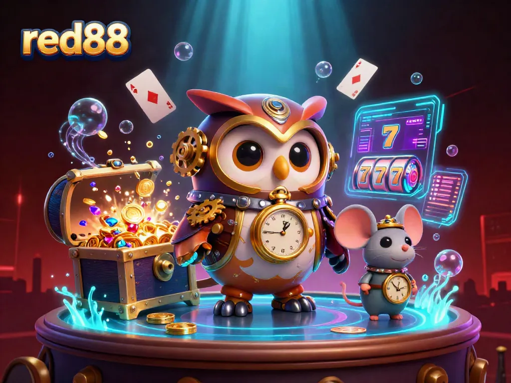 Experience excitement at red88 with a steampunk owl and vibrant casino elements.