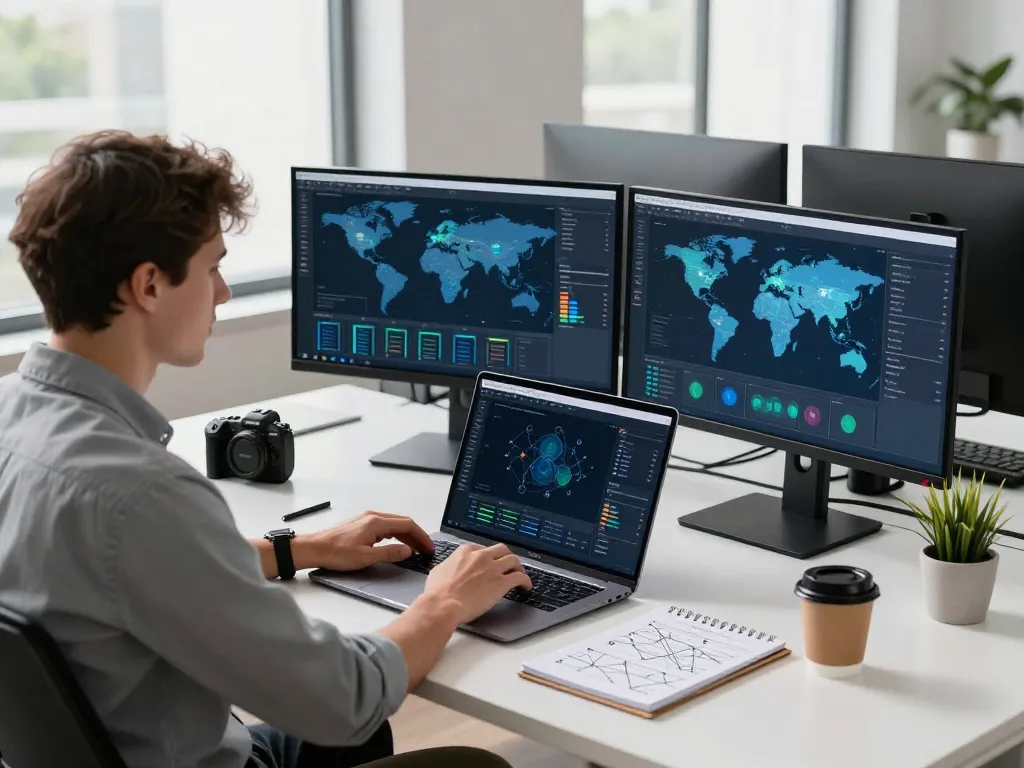 快连 software in a dynamic office environment showcasing network performance metrics and global connectivity.