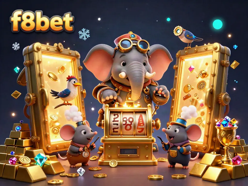 Experience the thrill of f8bet with a vibrant scene featuring a steampunk elephant operating a slot machine amidst dazzling riches.