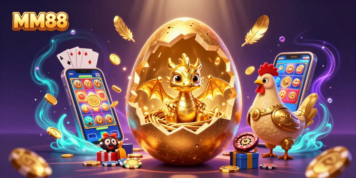 Experience MM88 with captivating visuals of a golden baby dragon amidst poker chips and a colorful casino backdrop.