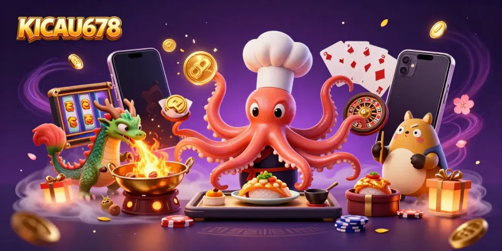 KICAU678 features an octopus chef and wasabi dragon celebrating online gambling with vibrant games and cash.