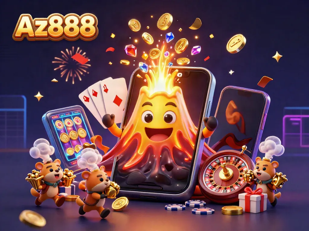 Experience the thrill of Az888 with a scene showcasing a golden volcano erupting treasures amidst exciting casino elements.