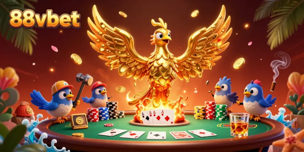 88vbet showcases a molten metal phoenix and poker scene, lighting up the gaming atmosphere.