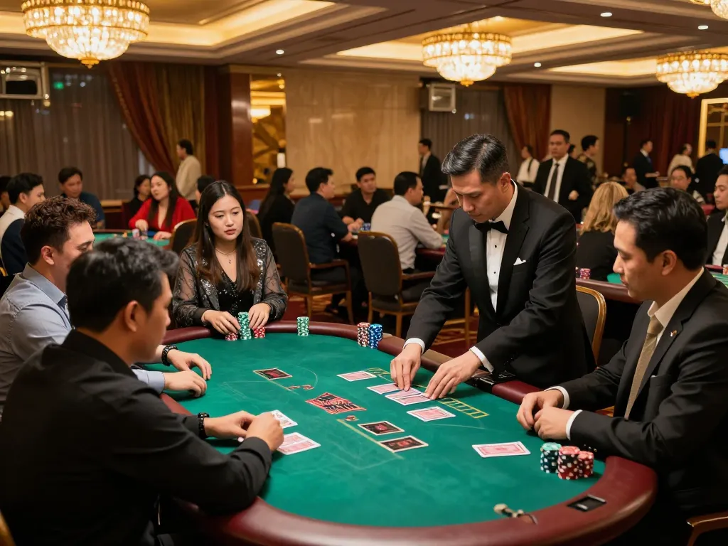 Players engaging at blackjack tables highlight Agen Resmi gaming activity in vibrant casino ambiance.