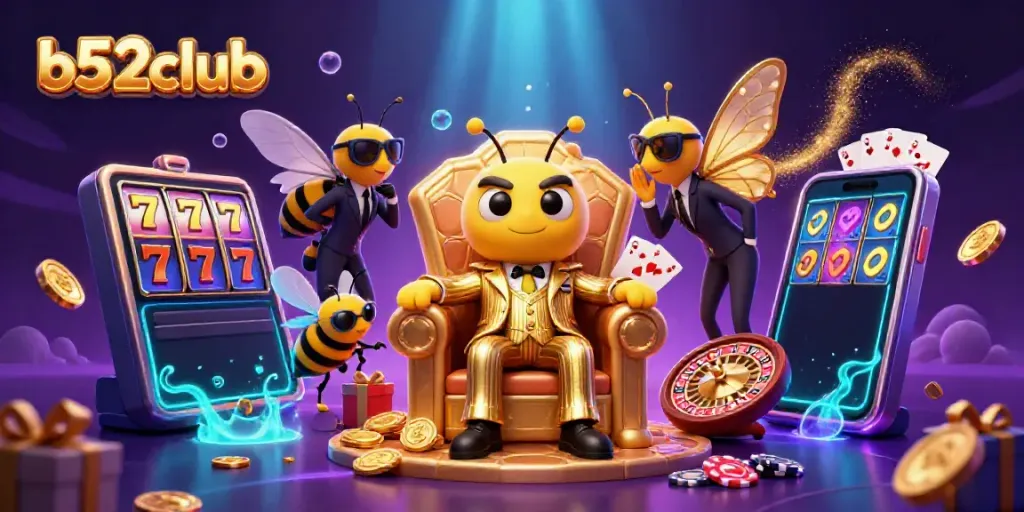 B52Club showcases a vibrant 3D illustration of a bumblebee mob boss among gambling elements and excitement.