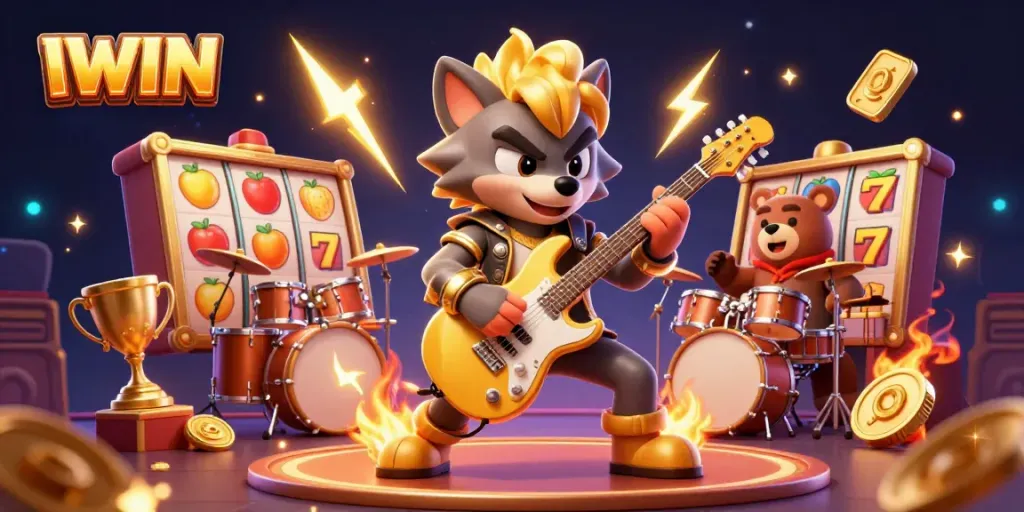 IWIN casino experience with a rock star wolf and drummer bear amidst vibrant slot machines and golden jackpots.