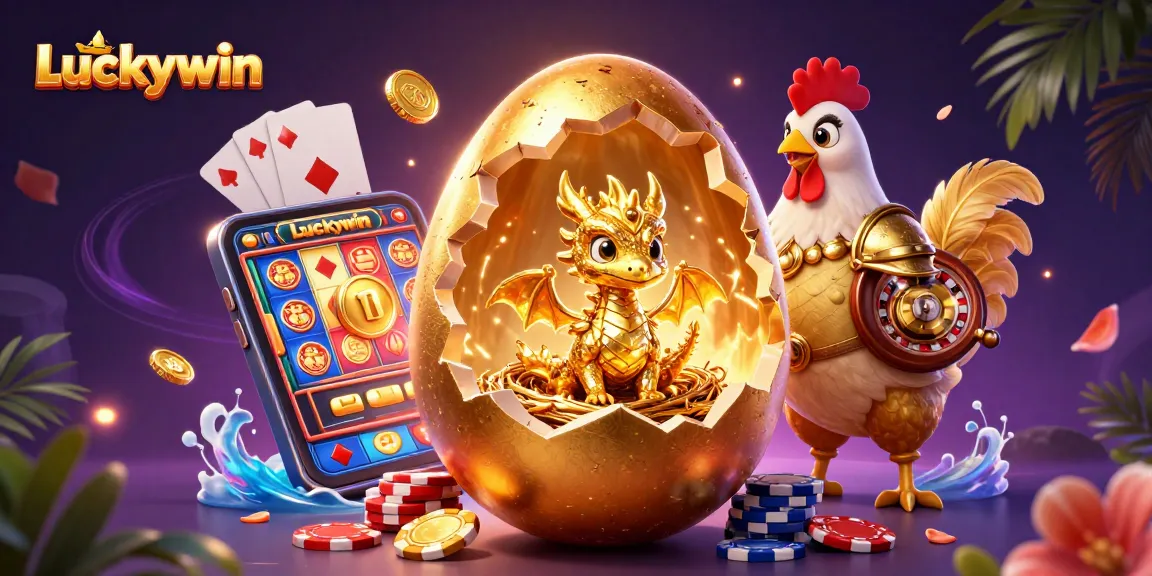 Engage with Luckywin's golden dragon amidst poker chips and slot games in a vibrant casino scene.