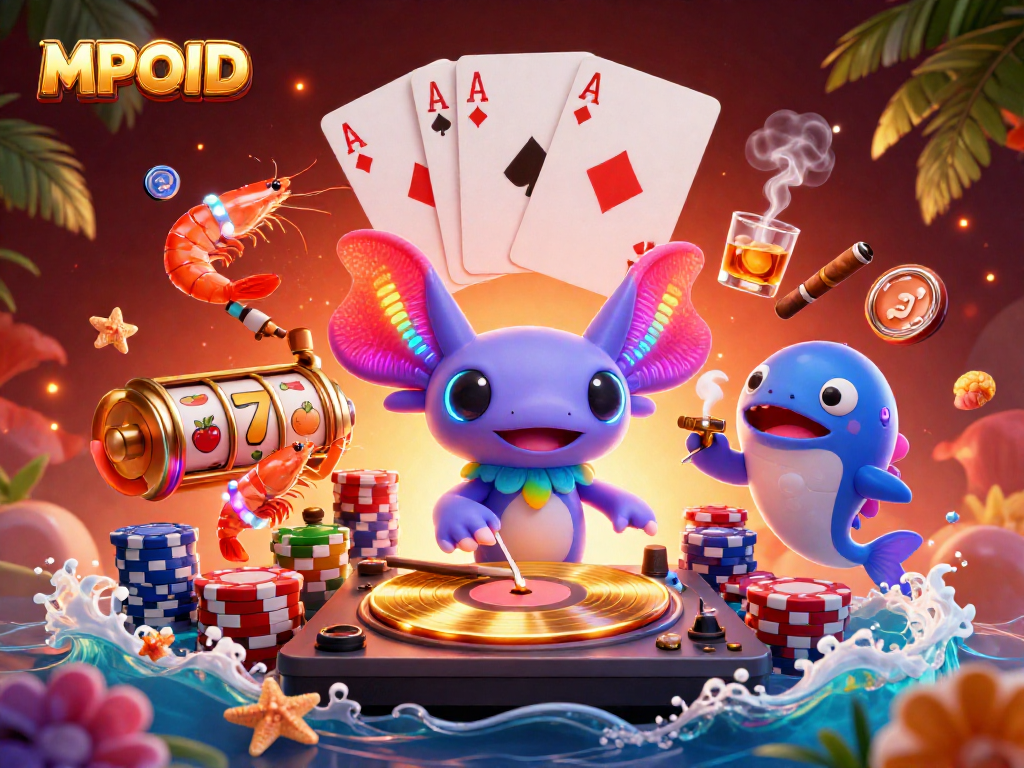 MPOID's vibrant casino scene showcases a DJ axolotl spinning records amidst exciting slot game elements and animated sea creatures.