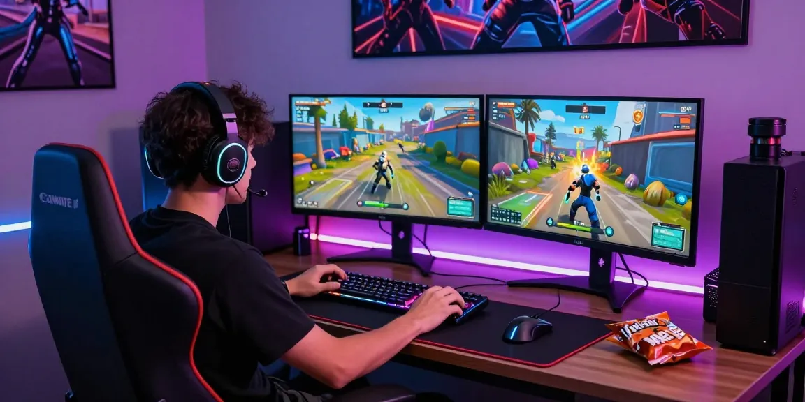Player using Fortnite Hacks in a vibrant gaming setup with multiple monitors and accessories, immersed in action.
