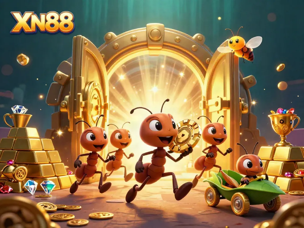 Experience XN88's thrilling online casino atmosphere with a dynamic heist scene filled with treasures.