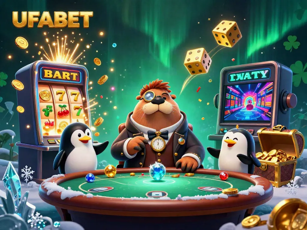 Experience the excitement of UFABET with a playful underwater poker scene featuring a walrus, penguin dealer, and bluffing pufferfish.