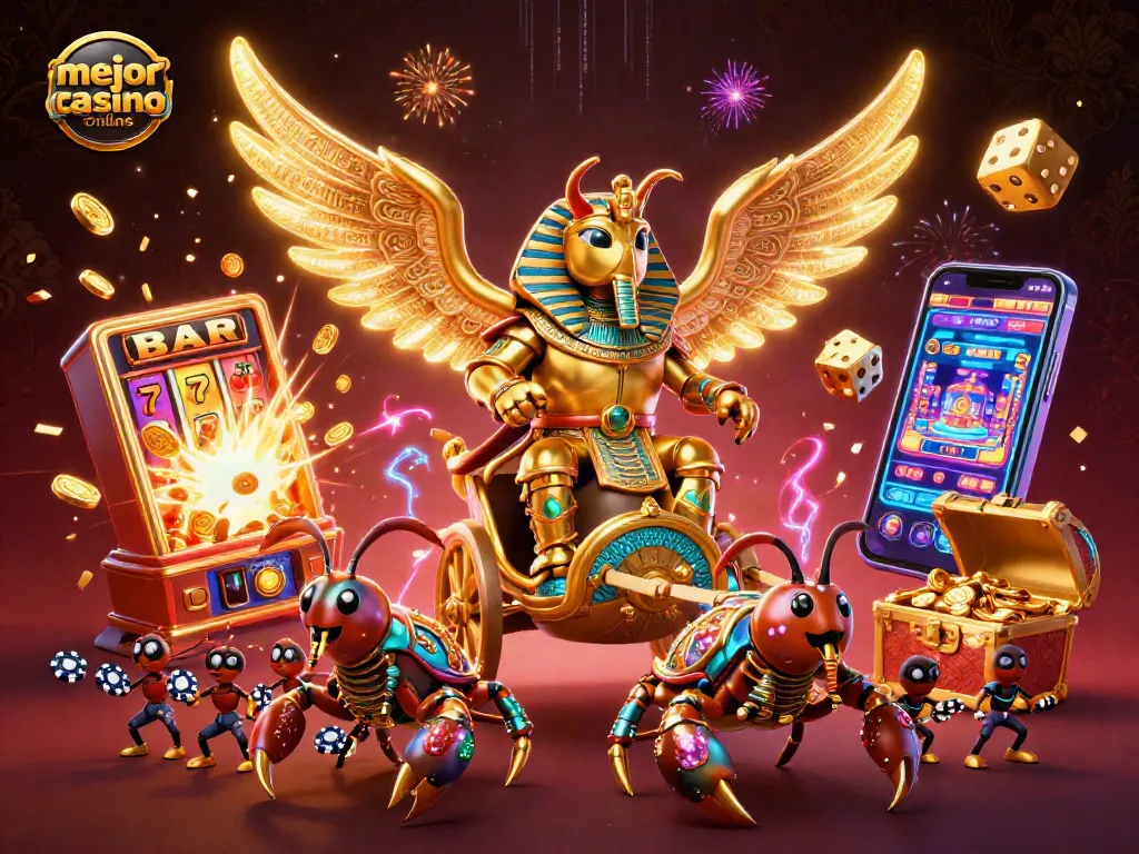 Conoce el mejor casino online con un escarabajo dorado y entretenimiento vibrante en una escena llena de acción.