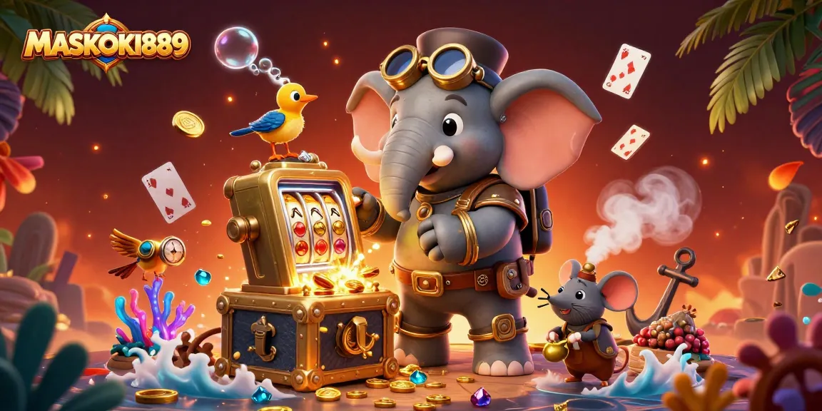 Engage with the exciting world of MASKOKI889 featuring a steampunk elephant operating a golden slot machine.