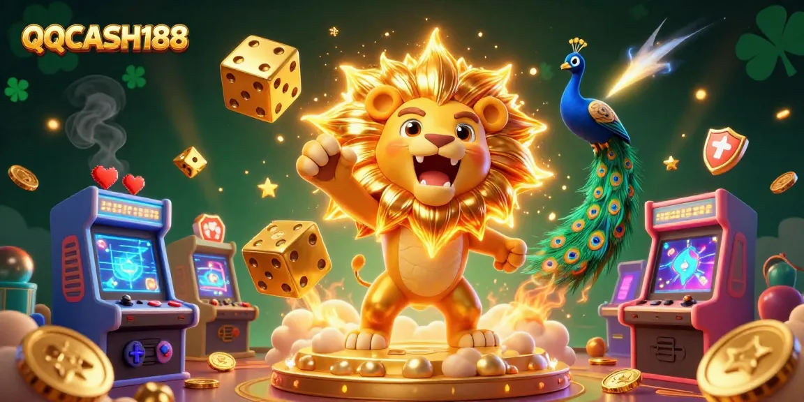 Experience QQCASH188's vibrant casino adventure with a roaring sun lion and golden dice!