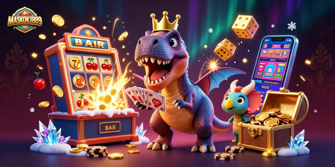 Participate in thrilling games at MASKOKI889, featuring lively characters and golden casino elements.