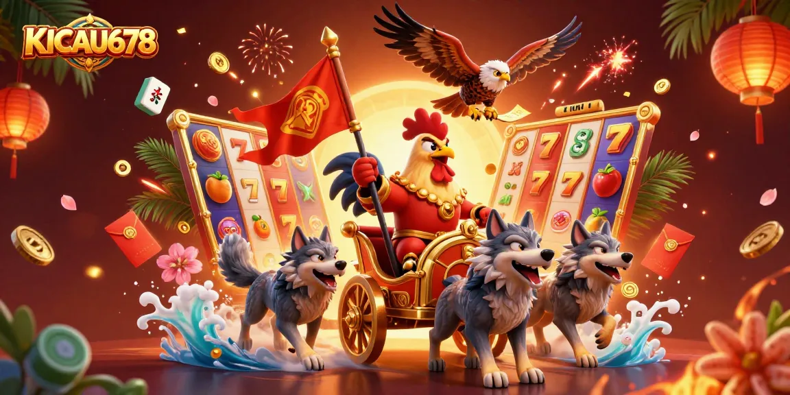 KICAU678 engaging gaming scene with a rooster warlord in a golden chariot, celebrating wins with vibrant slot symbols.