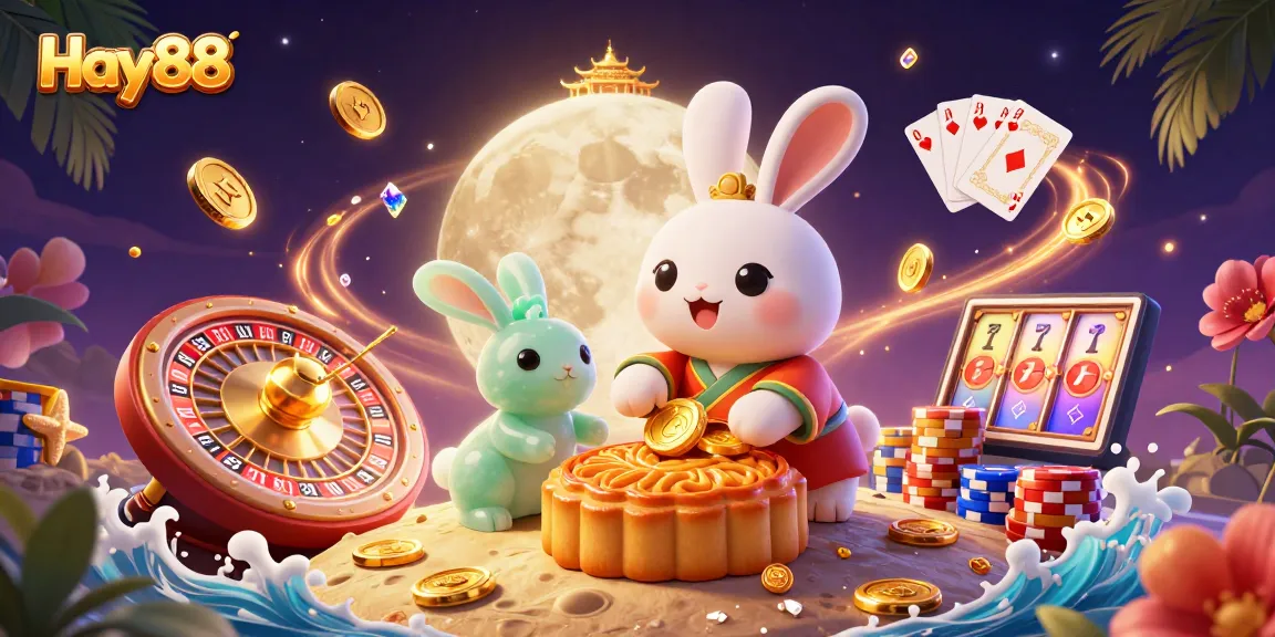 Experience the excitement at Hay88 with a vibrant casino-themed 3D illustration featuring dynamic game elements.