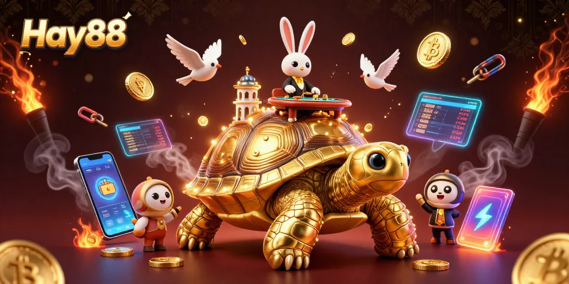 Boost your winnings with Hay88 in this vibrant 3D casino scene featuring a playful tortoise casino.