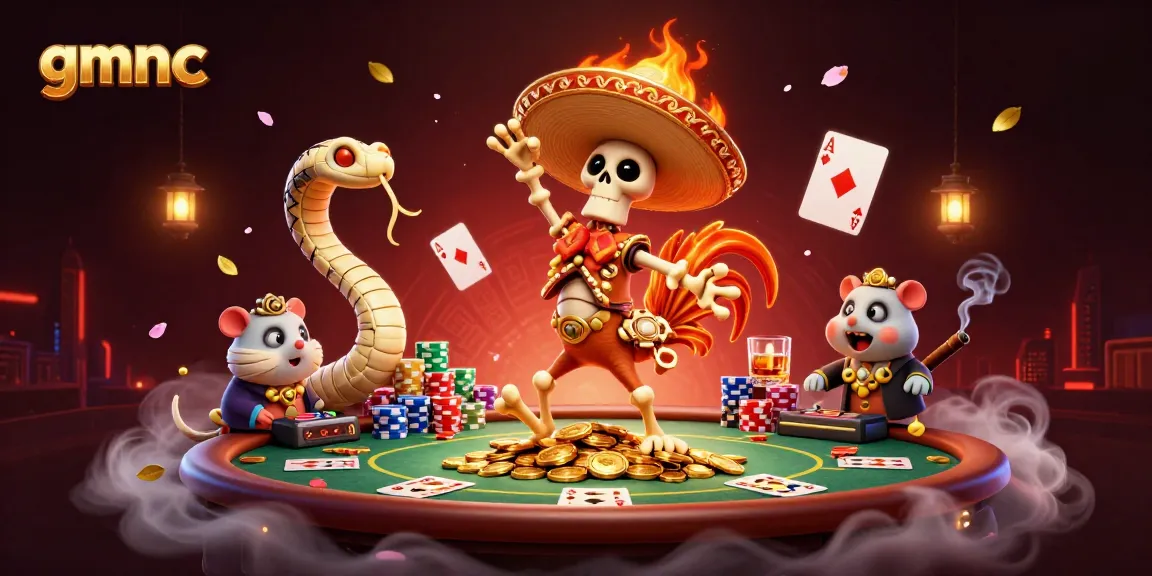 gmnc showcases a lively casino scene with animated characters celebrating on poker chips and gold.