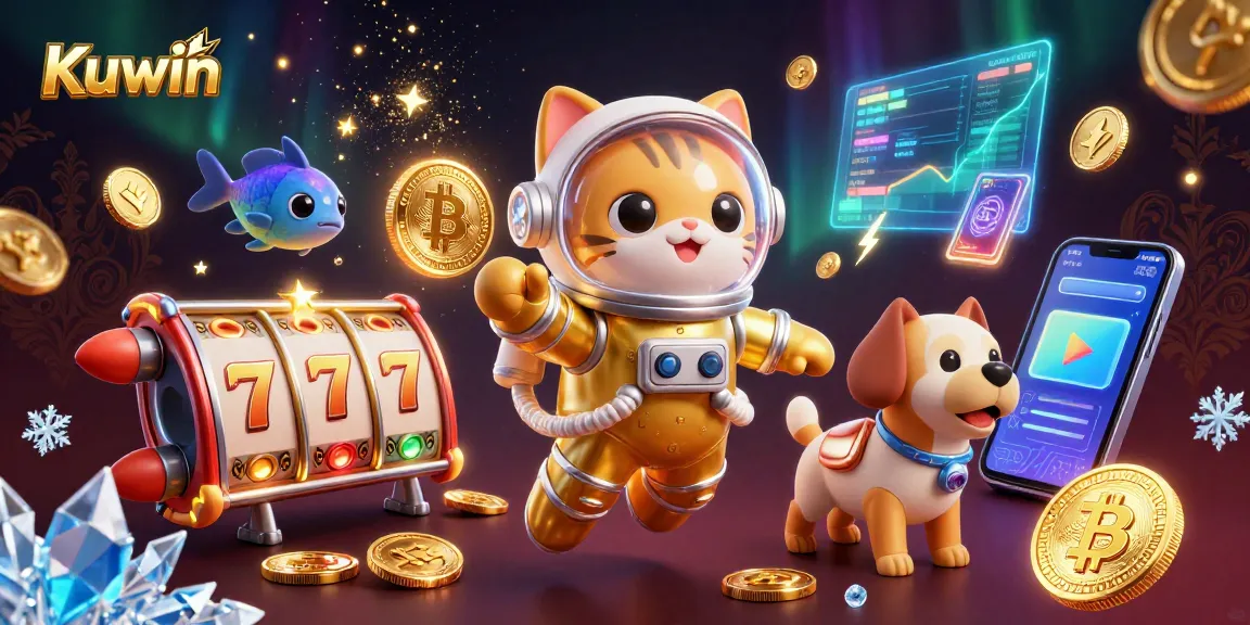 Kuwin's exciting 3D scene with a golden space cat and robot dog showcasing thrilling slots and crypto elements.