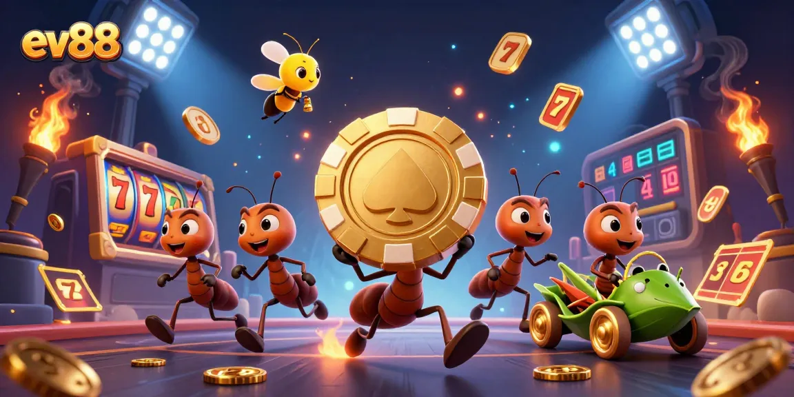 Experience an exciting heist in the world of ev88 as ants carry a giant poker chip.