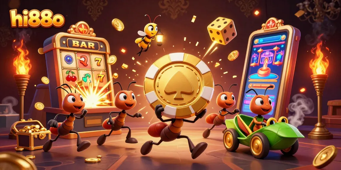 Experience high-stakes action with hi88o as cartoon ants steal a giant poker chip in a vibrant casino scene.