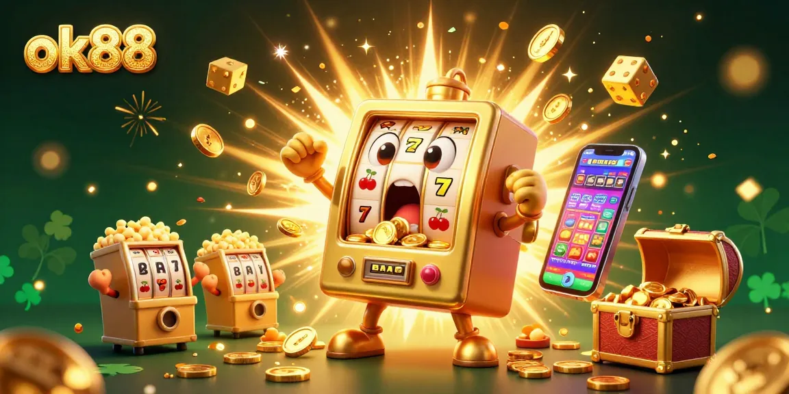 Join the fun at ok88 with a lively scene of a golden slot machine winning as coins burst forth!